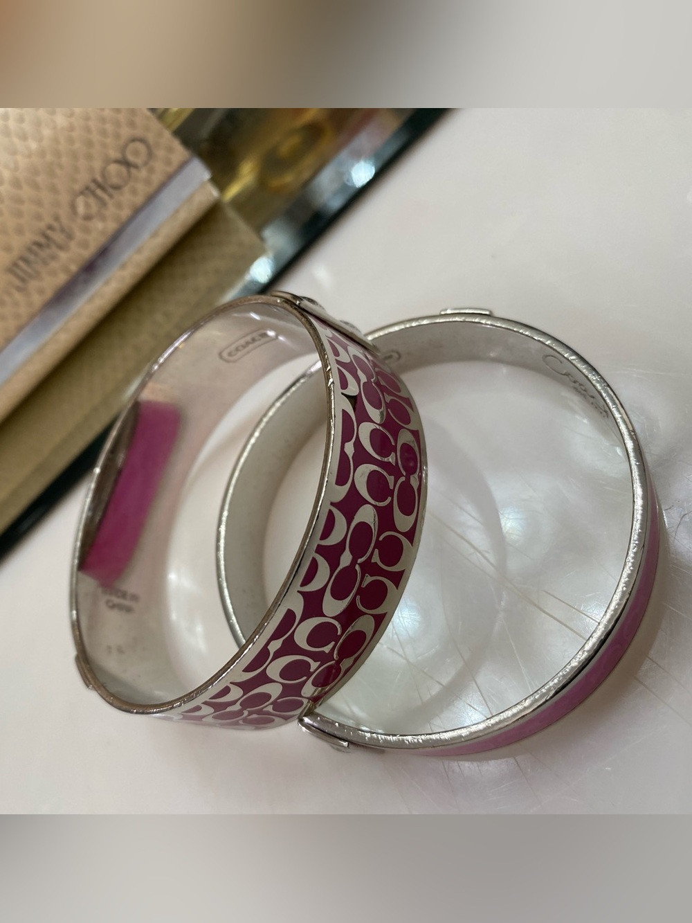 Coach Signature C Wide & Poppy Thin Silver Enamel Bangle Set, Magenta/Light Pink - Picture 5 of 8